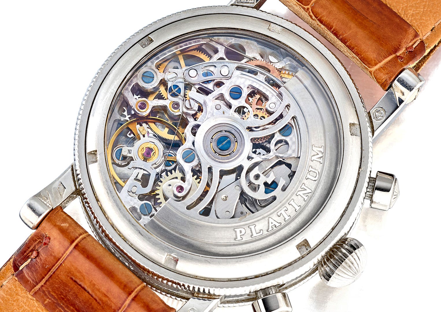 A modified Valjoux Calibre 7750 seen through the exhibition caseback of a Chronoswiss watch